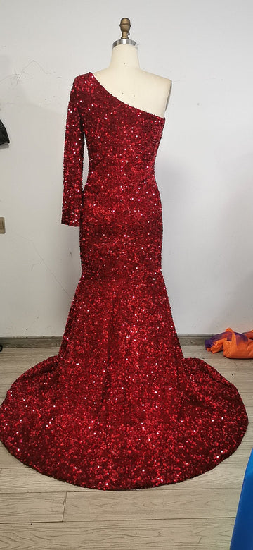 Black Girl Prom Dresses One Shoulder Mermaid Red Prom Dresses | Cheap Sequins Evening Gowns HZ1023